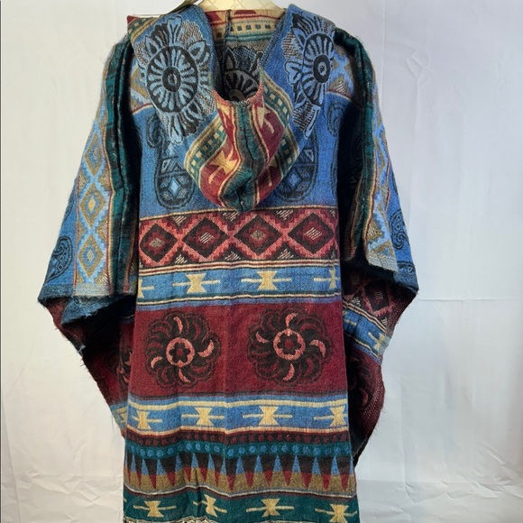Rhea Boho Blue and Brown Shawl Poncho Fringe Zip Up with hood Oversized - Picture 4 of 6